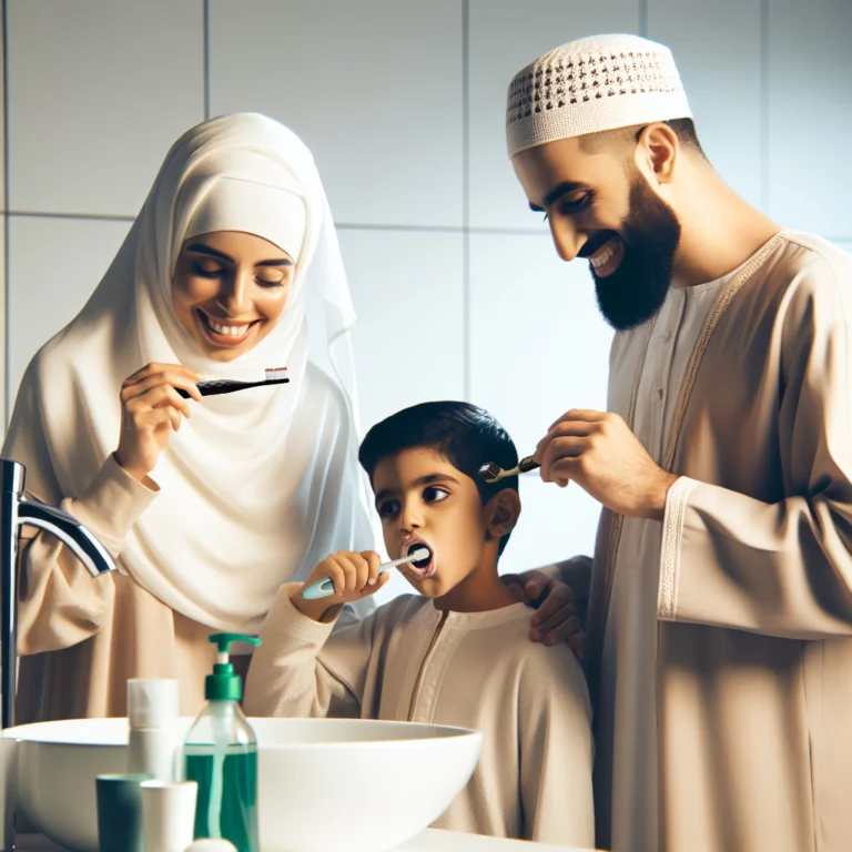 مشهد يومي لعائلة مسلمة تستخدم منتجات OralGos للعناية بالفم