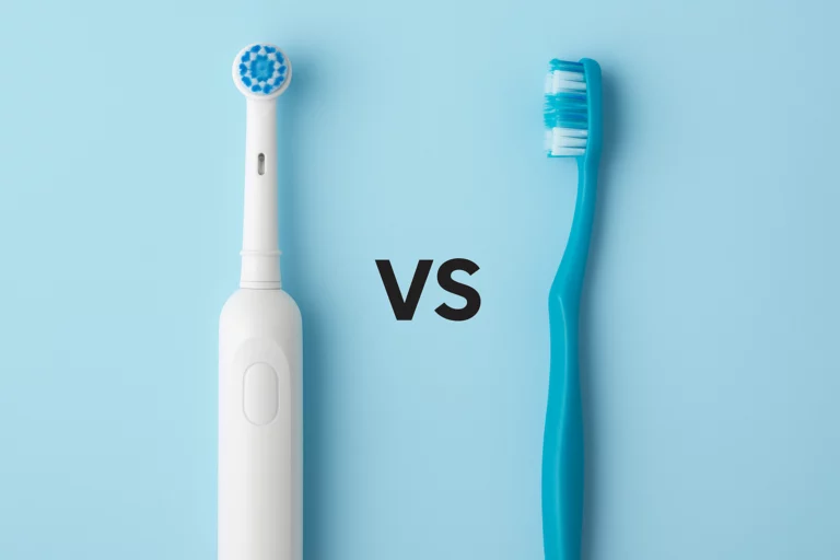 Electric vs manual toothbrush comparison on clean background